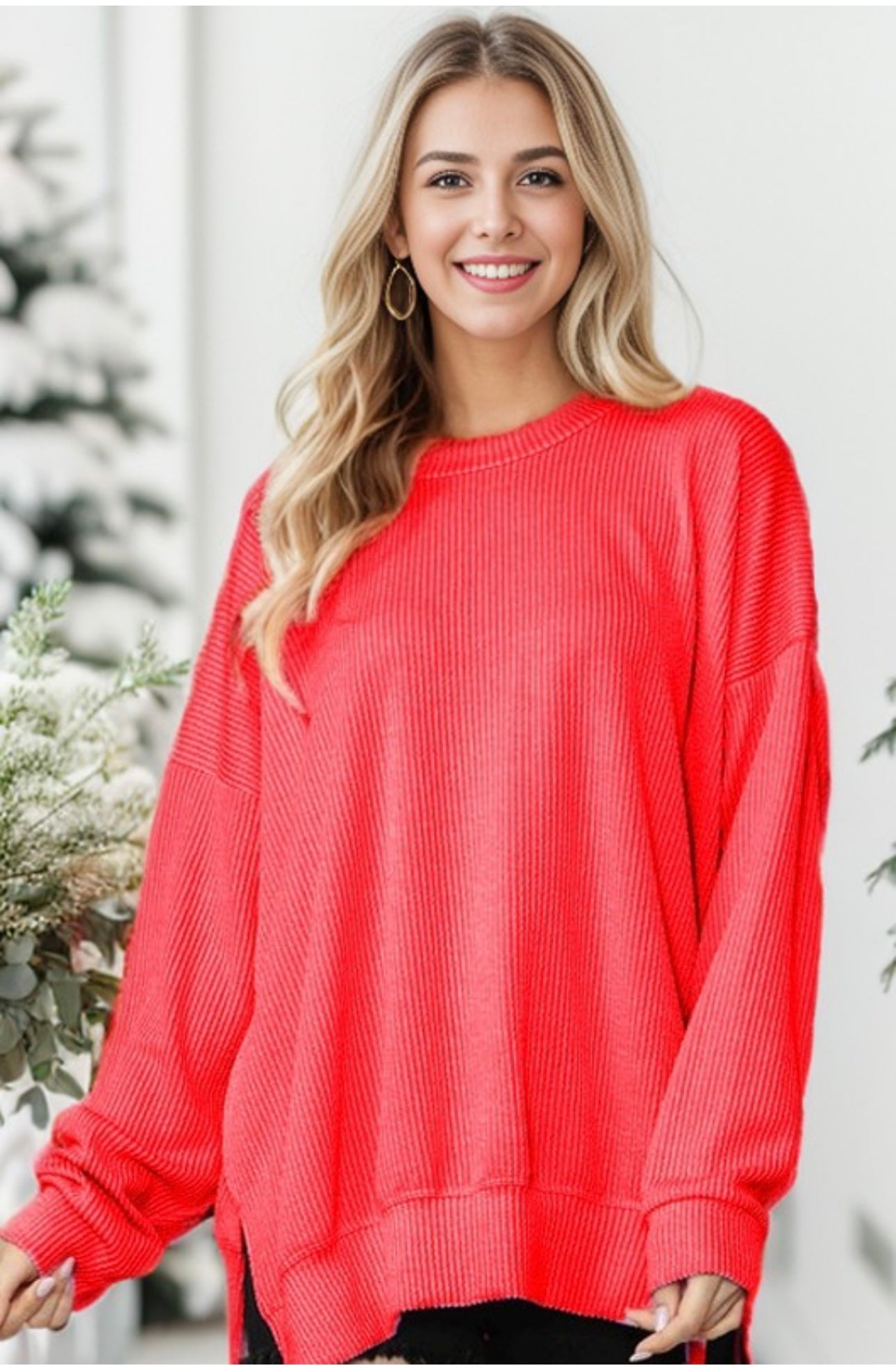 Wave Rib Oversized Sweatshirt with Side Slit
