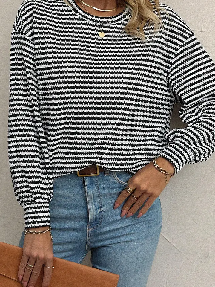 White & Black Striped Long Sleeve Knit Top