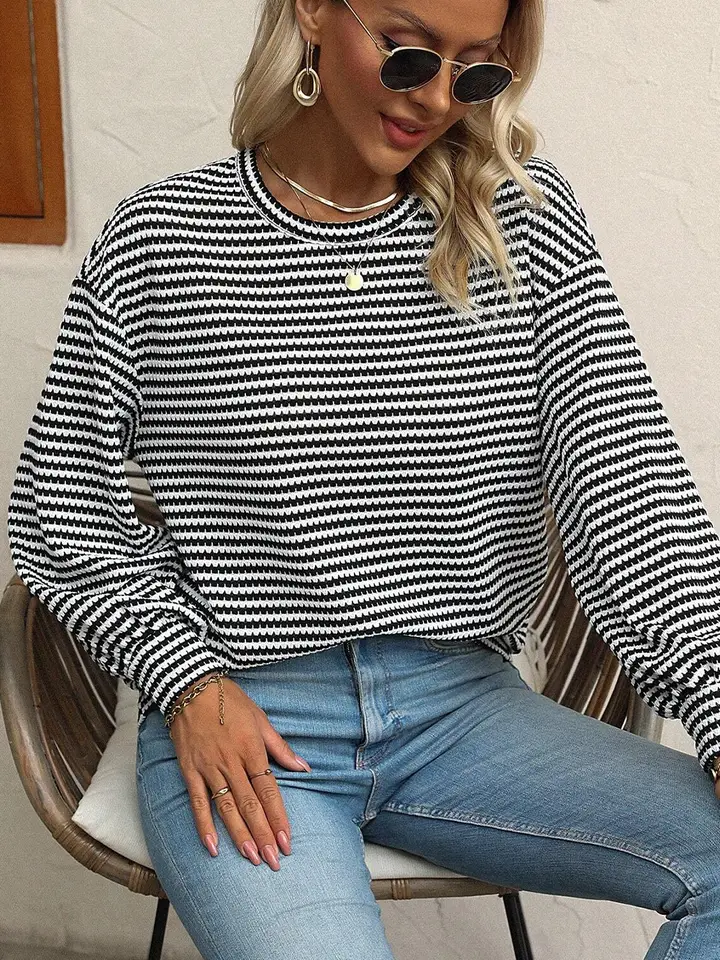 White & Black Striped Long Sleeve Knit Top