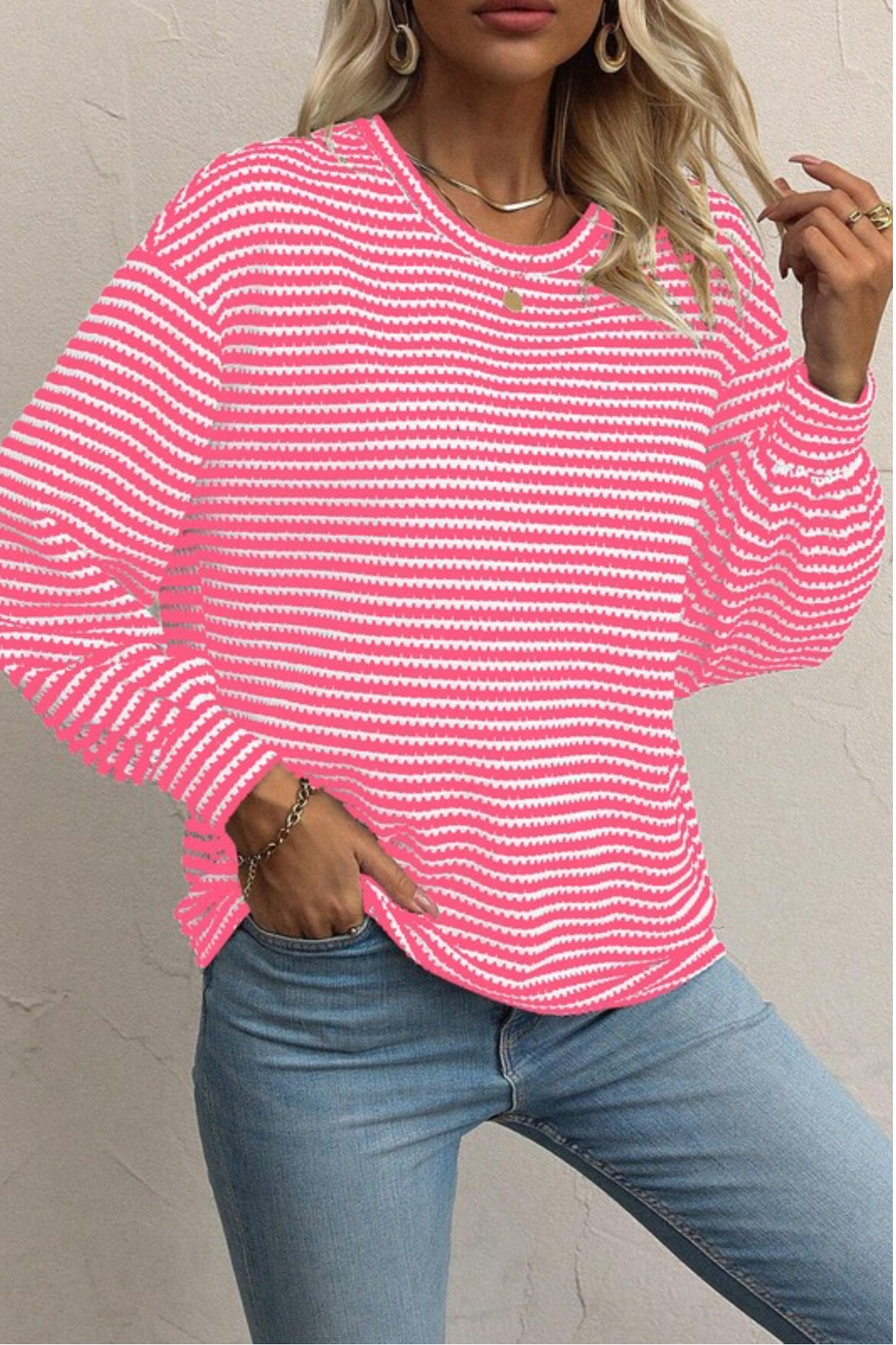 Long Sleeved Pink Striped Round Neck Shirt