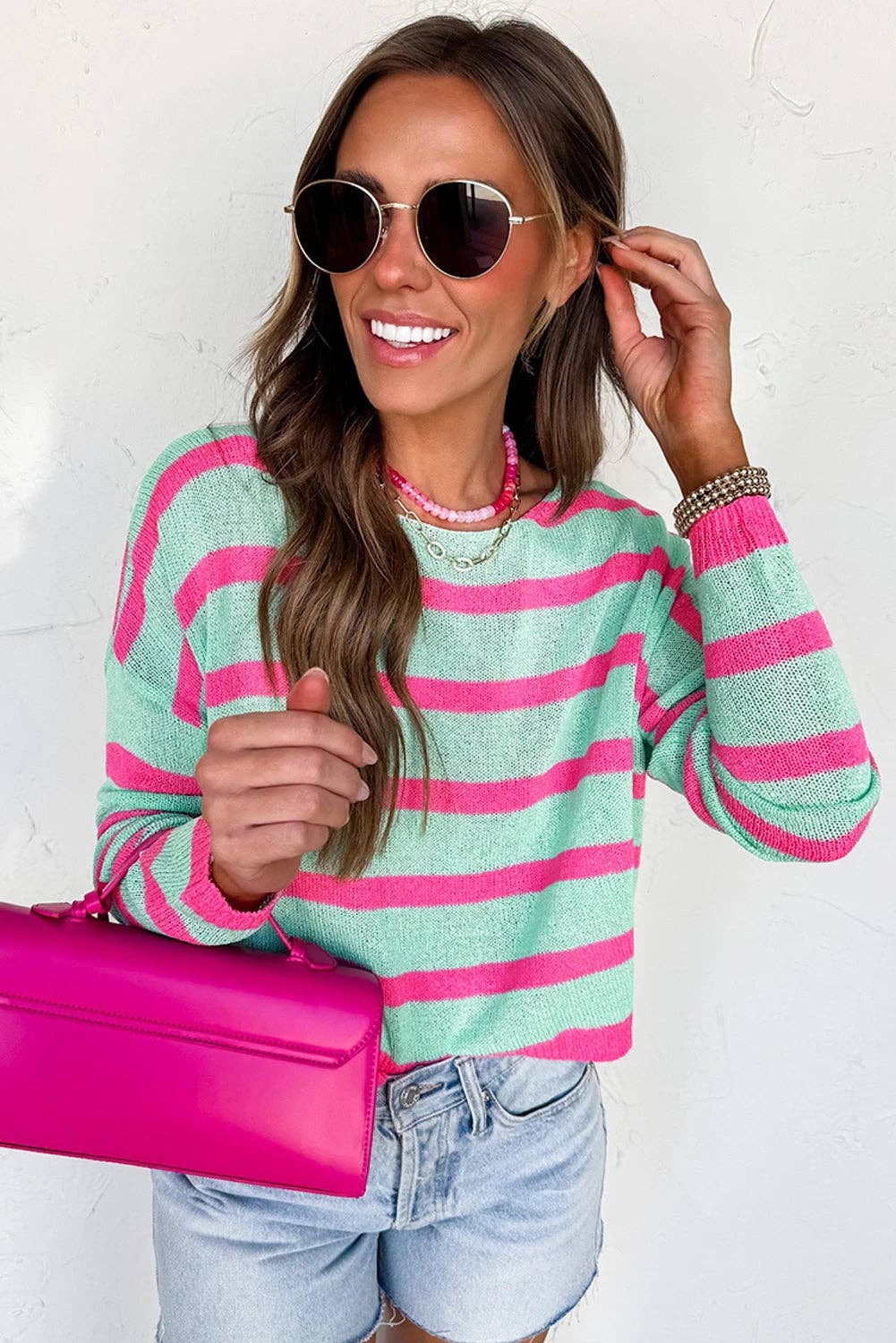 Green and Hot Pink Stripe Round Neck Top