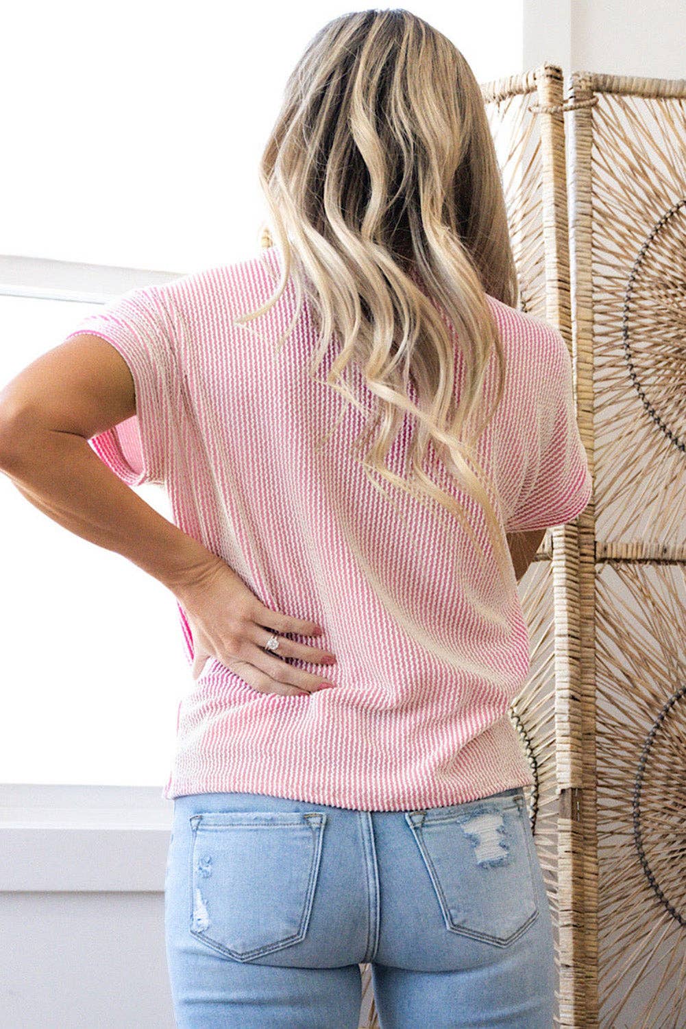 Pink Corded Knit Color Block Pocketed Crew Neck