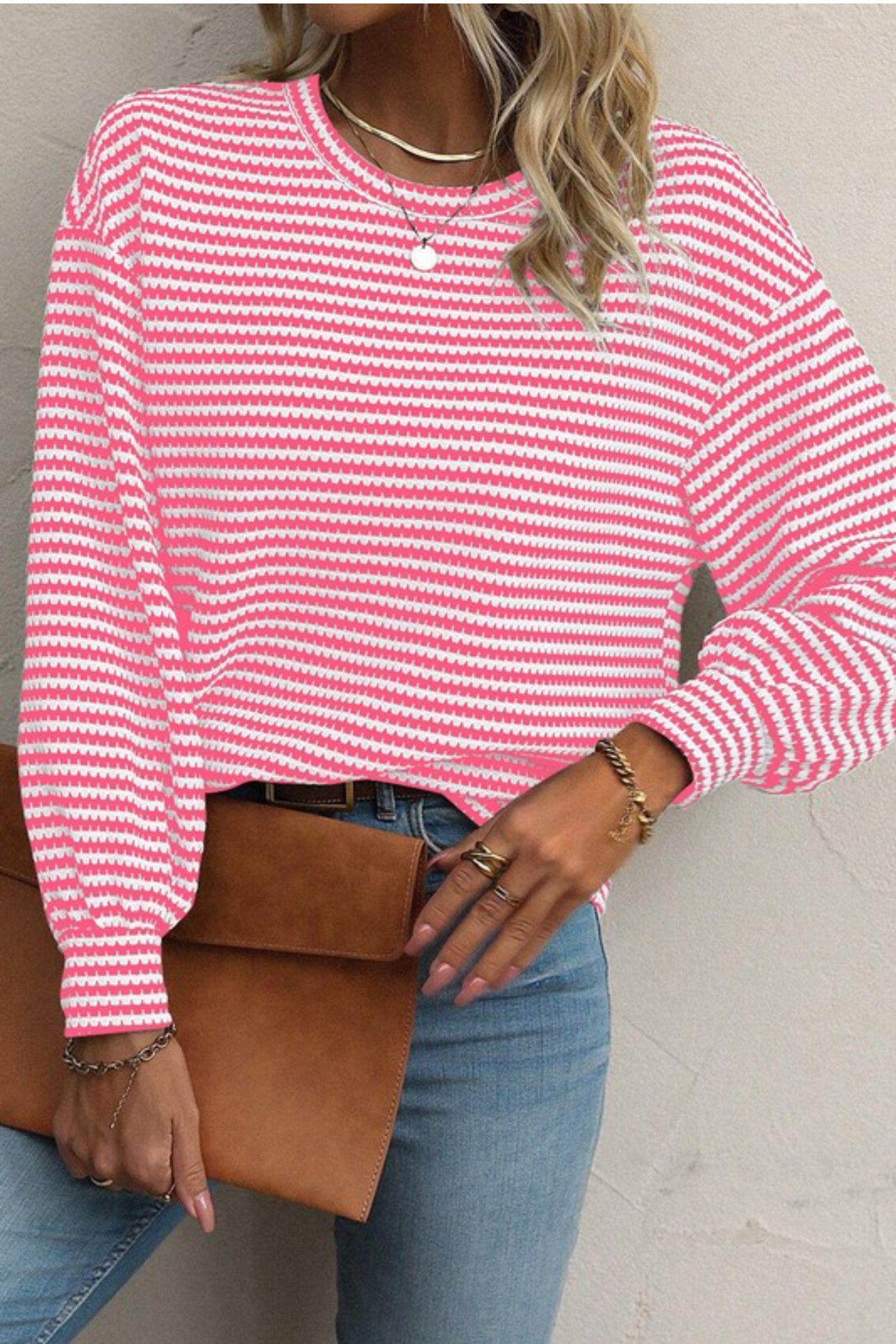 Long Sleeved Pink Striped Round Neck Shirt