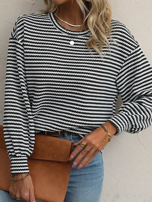 White & Black Striped Long Sleeve Knit Top