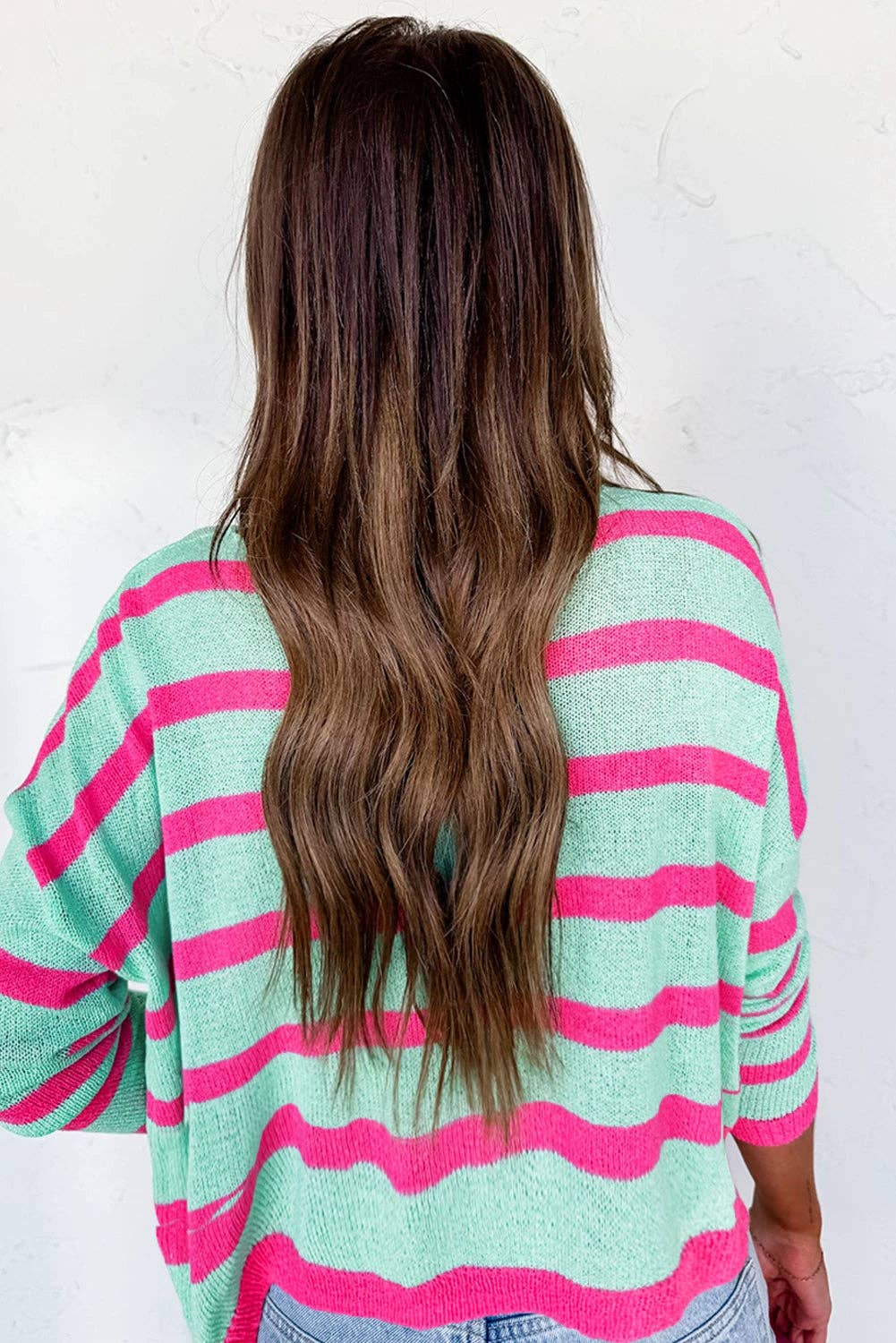 Green and Hot Pink Stripe Round Neck Top